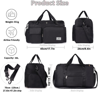 Womens Mens Sports Gym Bag Duffle Bag with Shoes Compartment, Weekend Travel Bag Overnight Bag for Women, Water Resistant Holdall Hospital Bag for Swimming Black