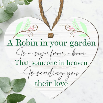 Robin Memorial Garden Grave Hanging Heart Wooden Heart Memorial Plaque with Robin Design - Remember Loved Ones in Heaven | Handcrafted Keepsake | Modern Rustic Home Decor | Made in UK