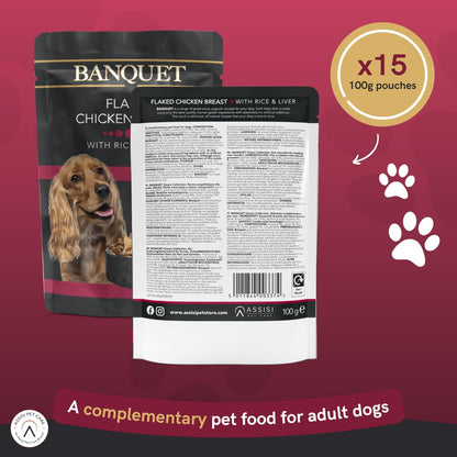 Banquet - Wet Dog Food - Flaked Chicken Breast, Rice, Liver - 100% Natural Ingredients, 15 Pouches X 100G