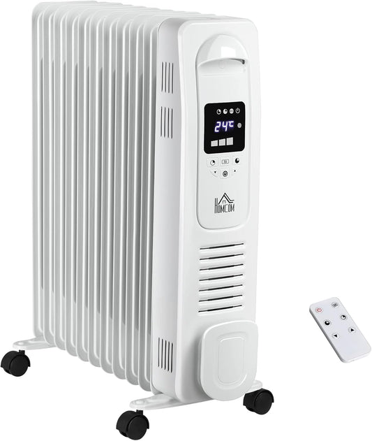 2500W Digital Display Oil Filled Radiator, 11 Fin Portable Electric Heater with Timer, Adjustable Thermostat, Three Heat Settings, Safety Cut Off, Remote, White