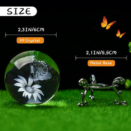 60Mm Butterfly Crystal Ball Paperweight,3D Laser Engraved Butterfly on Sunflower in Glass Ball with Stand Decorative Butterfly Glass Sphere Home Decor Gifts for Women Girls