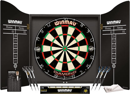 Professional Dart Set Includes Diamond plus Bristle Dartboard - Black Cabinet - 2 Sets of Darts - Official Oche Line