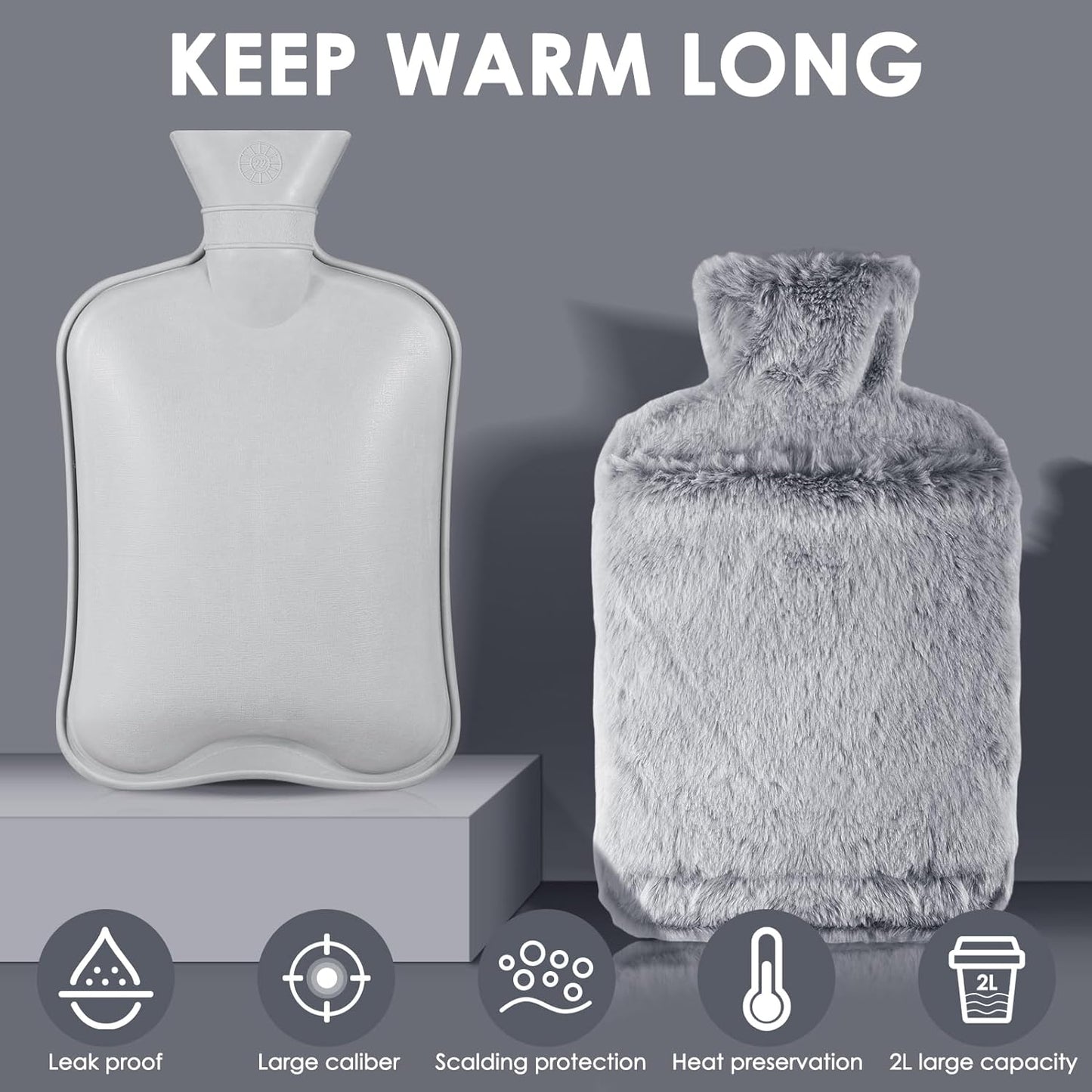 Hot Water Bottle with Luxury Cosy Faux Fur Cover,2L Leakproof Large Hot Water Bag for Neck,Shoulder,Hand Feet Warmer,Ideal for Women,Men(Grey)