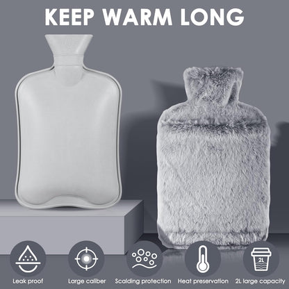 Hot Water Bottle with Luxury Cosy Faux Fur Cover,2L Leakproof Large Hot Water Bag for Neck,Shoulder,Hand Feet Warmer,Ideal for Women,Men(Grey)