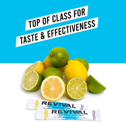 Revival Rapid Rehydration Electrolytes Powder - High Strength Vitamin C, B1, B3, B5, B12 Supplement Sachet Drink, Effervescent Electrolyte Hydration Tablets - 12 Pack Assorted Flavours