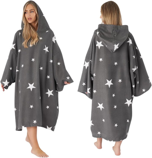 Star Hooded Poncho Towel Adult Oversized Bath Beach Swimming Pool Sea Absorbent Microfibre Quick Dry Changing Robe - Charcoal Grey White