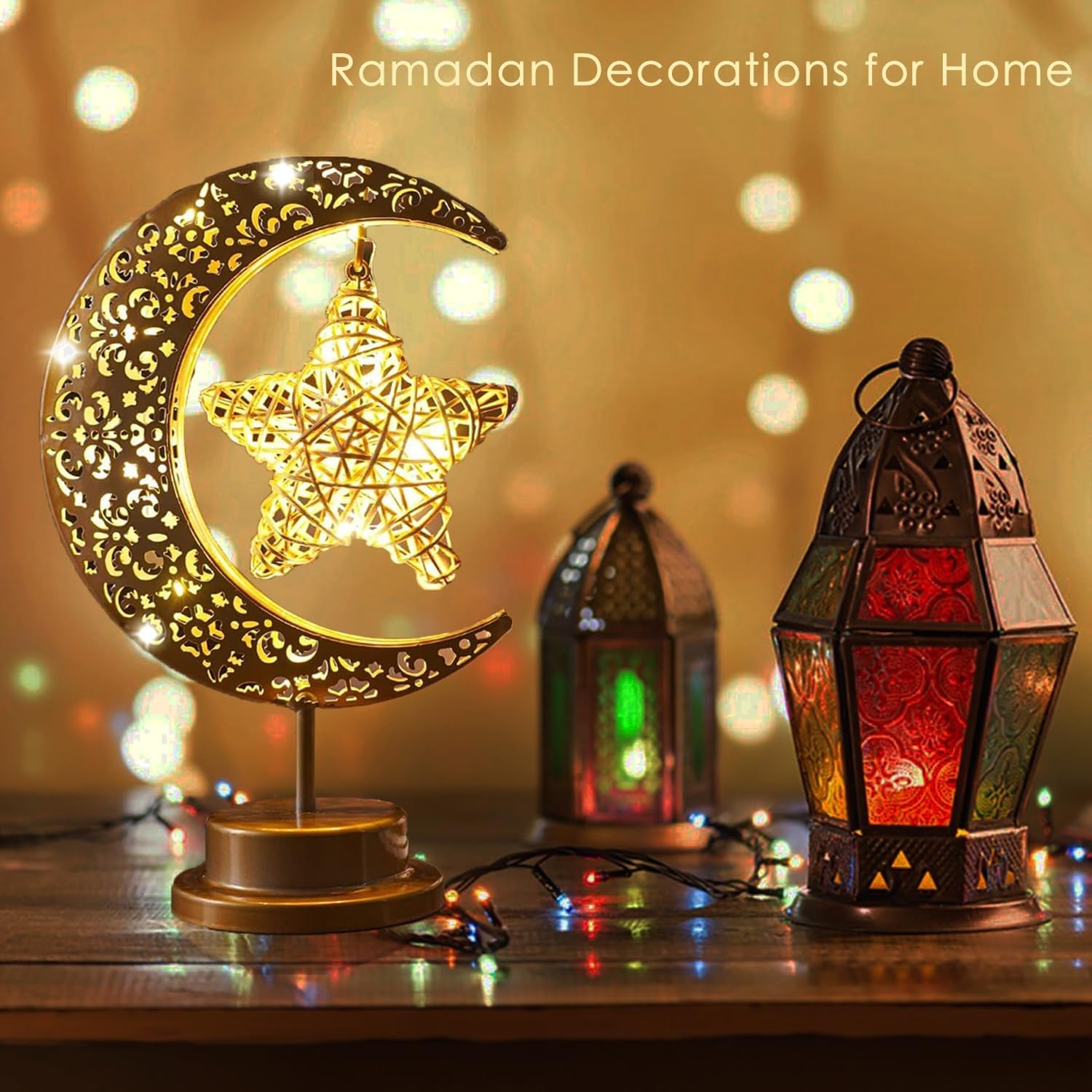 Ramadan Lights, Eid Decorations, Moon Table Lamp, Ramadan Decorations for Home, Eid Gifts for Kids, Family, Battery Operated Moon Lamp, Retro Metal Ramadan Moon Star Lights, Eid Mubarak Decorations