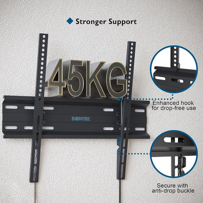 Ultra Slim TV Wall Bracket, Tilting TV Wall Mount for 23-60 Inch Tvs, Low Profile TV Bracket, Max VESA 400X400Mm, Holds up to 45Kg, Spring Locking System, Includes 5 Cable Ties