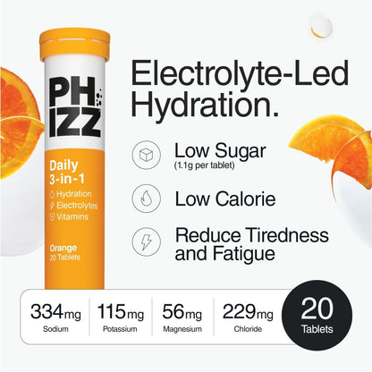 Electrolytes, Multivitamin & Hydration Tablets - 20 Effervescent Rehydration Electrolyte Tablets - 18 Vitamins & Minerals, Vitamin C, Vegan, Vegetarian & Low Calorie (Orange, 20 Tablets)
