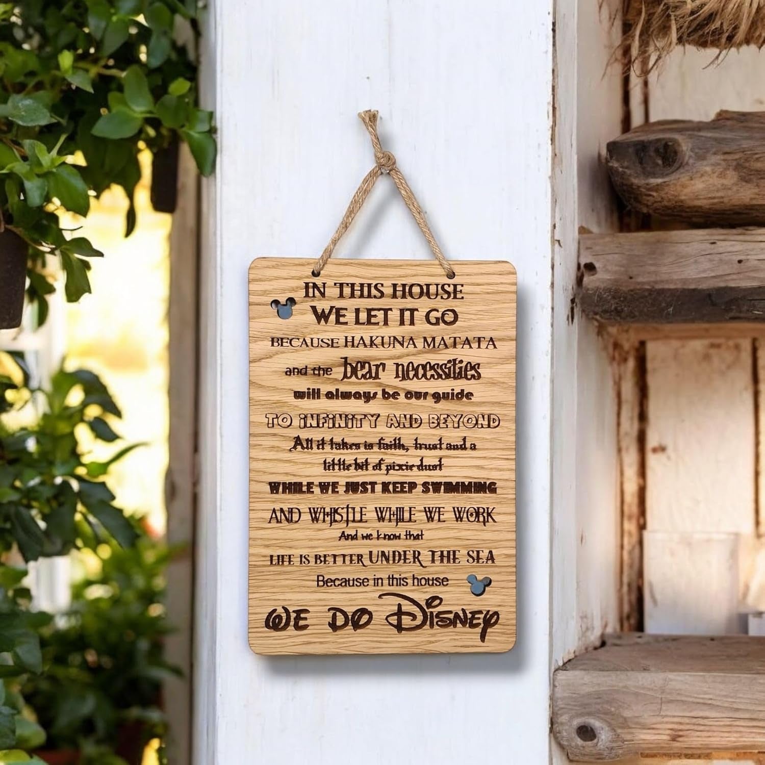 in This House We Do Disney Quote Wall Sign Hanging Rustic Wooden House Shabby Chic Room Plaque Childrens Kids Gift Laser Engraved Hand Made