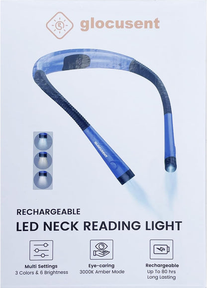 LED Neck Reading Light, Book Light for Reading in Bed, 3 Colors, 6 Brightness Levels, Bendable Arms, Rechargeable, Long Lasting, Perfect for Reading, Knitting, Camping, Repairing