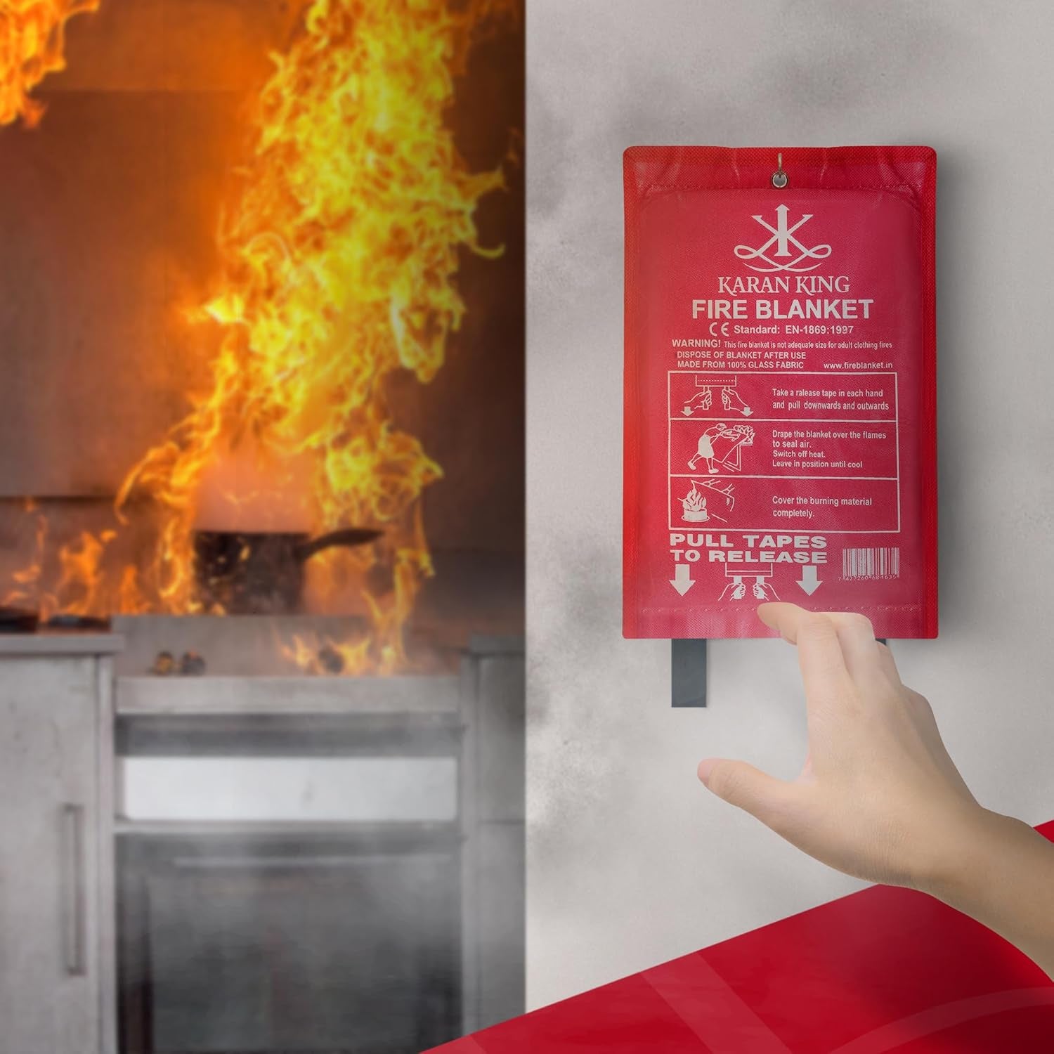 ® - Fire Blanket - Flame - Retardant Safety Blanket for Home, Kitchen, Caravans, Garages - Heat-Resistant and Versatile Fire Protection Equipment (Large, Quick Unfolding, with Loops)
