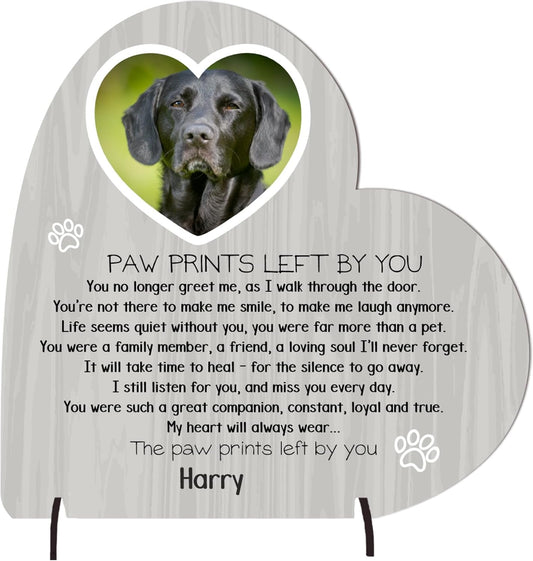 Personalised Pet Bereavement Plaque with Stands - Handcrafted Photo Memorial Decor from MDF Wood, Customisable Design, Mdf Wood Heart on Stands Uk-Made (Mdf Wood 13.5Cm X 13.5Cm, Grey Wood Effect)