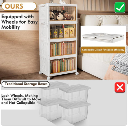 Storage Boxes with Lids, Bathroom Storage, Plastic Storage Boxes with 1 Lid, 4-Tier Stackable Storage Boxes with Wheels, Clothes Storage, Organizer for Bedroom Living Room Study Office