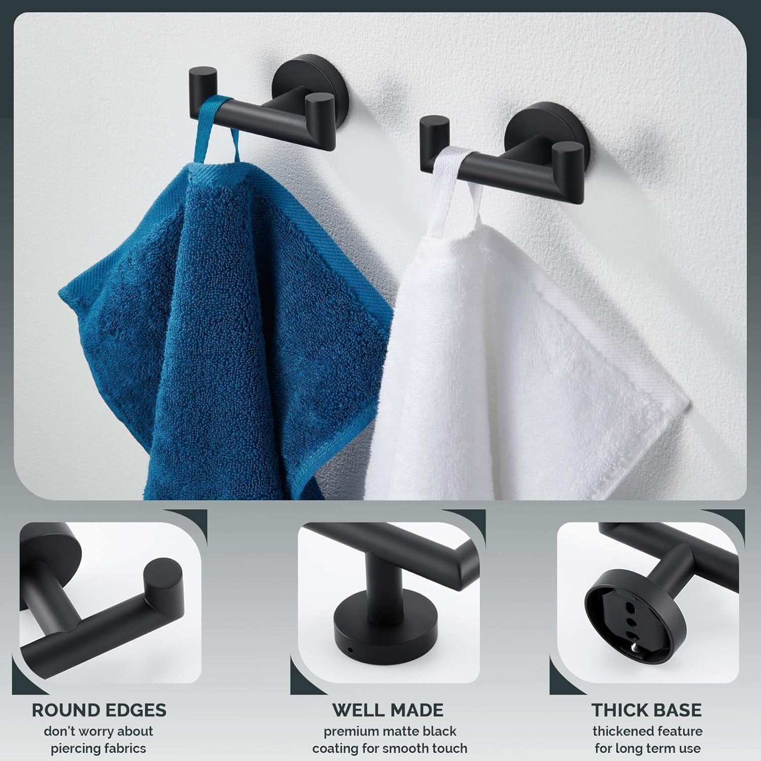 Double Door Hooks for Bathrooms, Matte Black Hooks for Kitchen Bathroom, SUS304 Stainless Steel Coat Hook, Heavy Duty Towels Holder for Hanging Towel, Coats,Sponges, Clothes, Wall Mount, 2 Packs