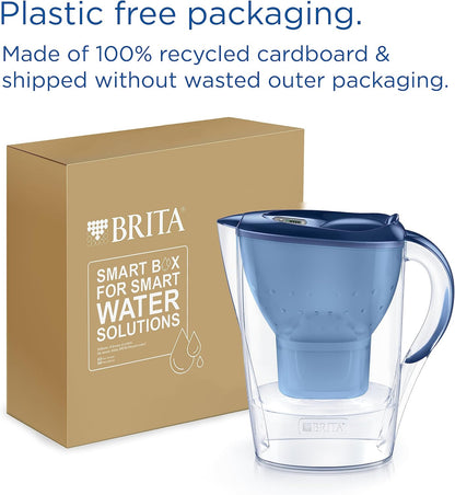 Marella Water Filter Jug Blue (2.4L) Starter Pack Incl. 3X MAXTRA PRO All-In-1 Cartridge - Fridge-Fitting Jug with Digital LTI and Flip-Lid - Now in Sustainable Smart Box Packaging