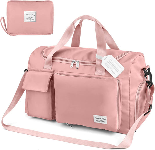 Duffel Bag, Foldable Overnight Weekend Bags for Women, Lightweight Hospital Bag with Wet and Dry Separation Bag, Large Holdall/Cabin/Gym Bag for Sports and Travel - Pink