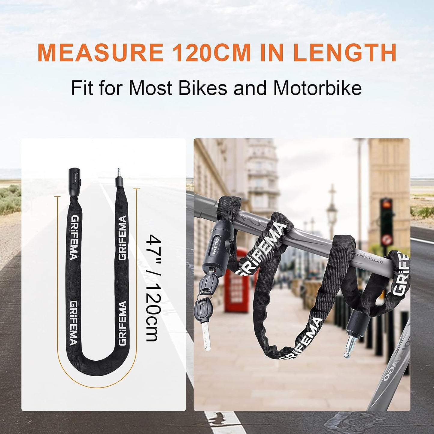GA1201-12 Bike Locks High Security with 2 Keys, Bike Chain Lock Heavy Duty, 120Cm Bicycle/Cycling Locks for Bike Cycle, Moto, Door, Gate Fence, Black/White