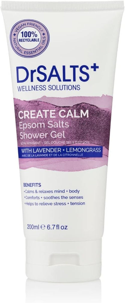 Drsalts+ Create Calm Shower Gel - Soothing Epsom Salts to Relax Body & Mind with Lavender, Chamomile & Lemongrass Essential Oils - Vegan & Cruelty-Free, 200Ml
