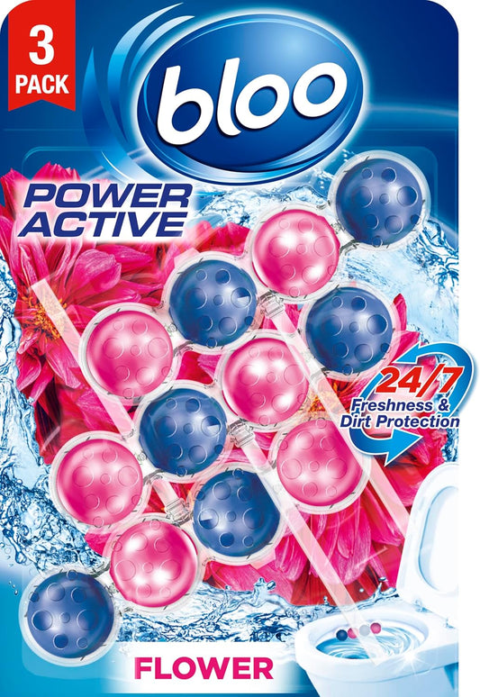 Power Active Toilet Rim Block Fresh Flowers, with Anti-Limescale, Cleaning Foam, Dirt Protection and Extra Freshness - Pack of 3 Rimblocks