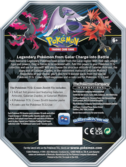 TCG: Crown Zenith Tin – Galarian Zapdos (1 Foil Card & 4 Booster Packs)