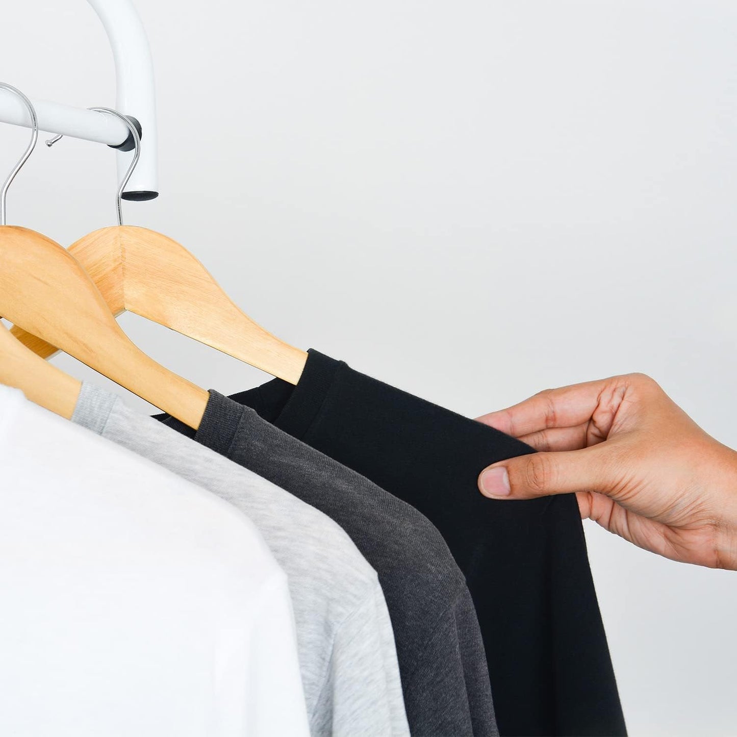Strong Wooden Coat Hangers with 360 Degree Rotatory Hook & round Trouser Bar & Shoulder Notches - Durable Wardrobe Space Saver - Suitable for Coat, Jacket, Suit, Jumper (20 Pack)