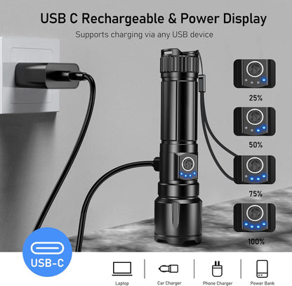 LED Torch, 500000 Lumens Super Bright Torches Led - Adjustable Focus, 5000 Mah, IP67 Waterproof, Powerful Long Lasting Handheld Flashlight for Power Cuts, Camping, Hiking, Emergency Etc.