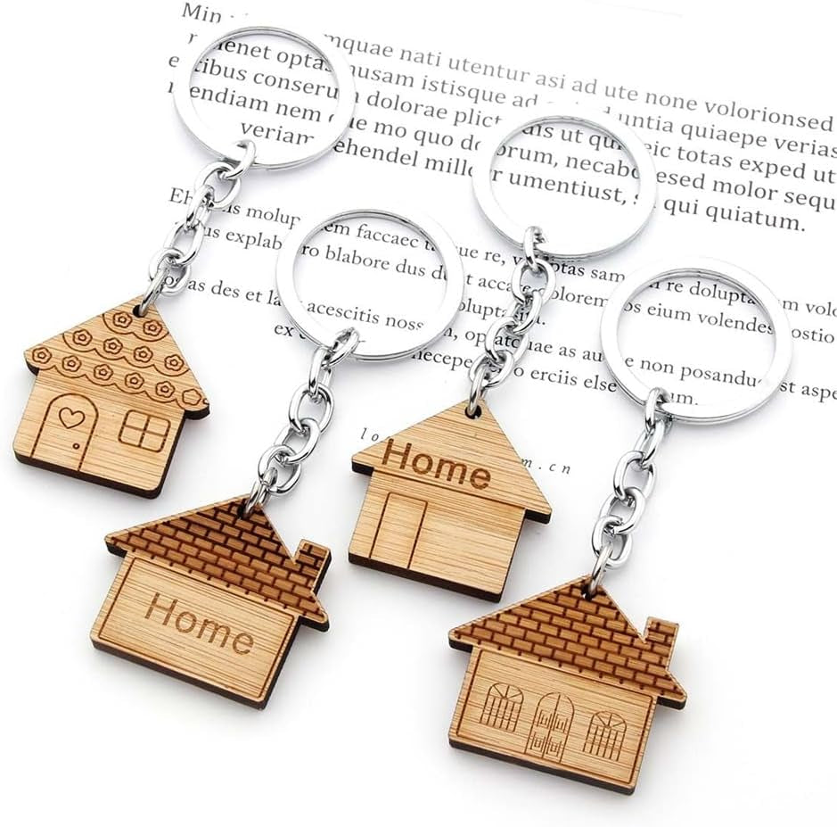 4 Pcs Wooden House Keychain Wooden Keychain Home Keyring Decoration Small House Shape Keychain Housewarming Gift Cute Home Keychain for Real Estate Gifts Home Clients Home Buyers Clients