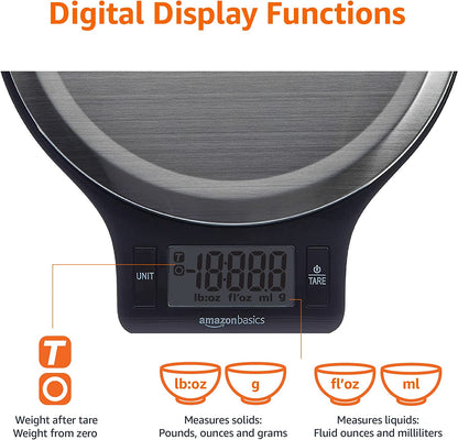 Digital Kitchen Scales with LCD Display (With Batteries), Black and Stainless Steel, BPA Free, Weighs up to 11 Pounds