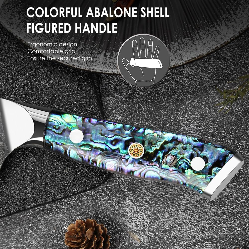 Damask Knive Set of 3, 12.4-19Cm Blade Made of 67 Layers of VG-10 Damascus Steel, Santoku Knife, Kiritsuke Knife, Universal Knife, Abalone Shell Handle, Gift Box