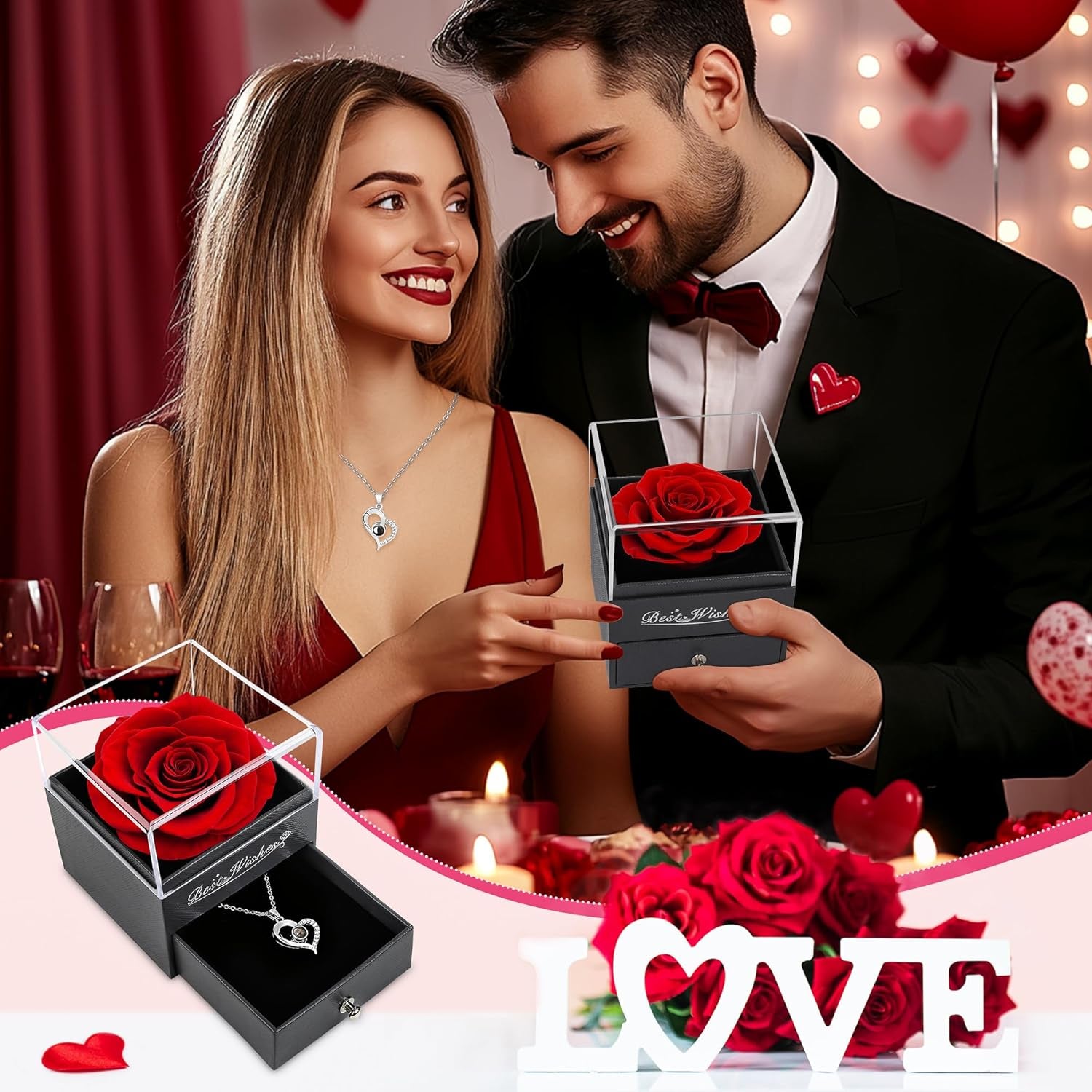Valentines Day Rose Gifts for Her,Birthday Gifts for Women,Red Preserved Flowers Rose Gifts for Mum,Women Rose Gifts for Valentines Day,Real Rose Fresh Flower with Necklace for Wife,Mum,Anniversary