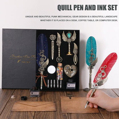 Quill Pen and Ink Set, Feather Pen Calligraphy Set, Mechanical Gears Wings Design, Stationery Gift for Handwriting Lovers Birthday Christmas Valentine’S Day