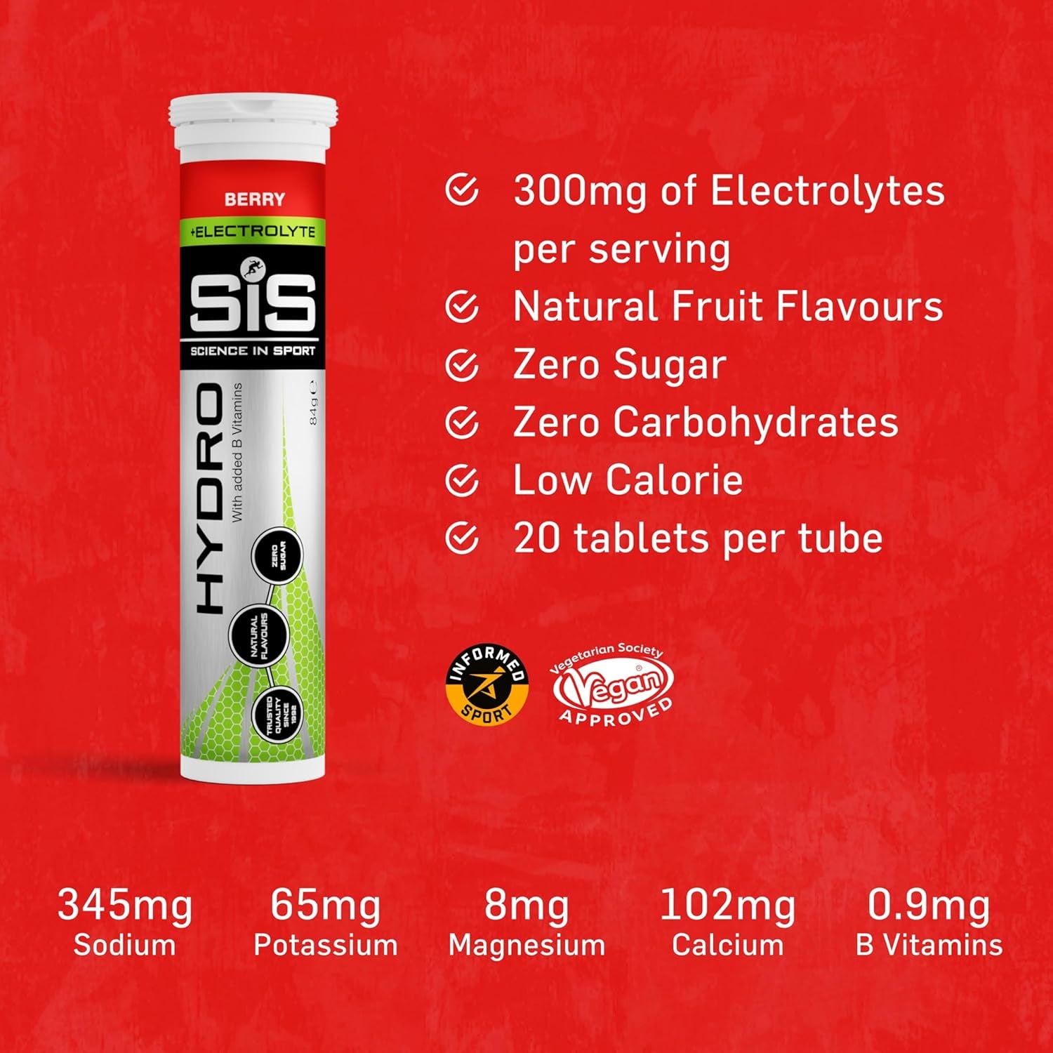 Hydro Hydration Tablets, Gluten-Free, Zero Sugar, Berry Flavour plus Electrolytes, 20 Effervescent Tablets