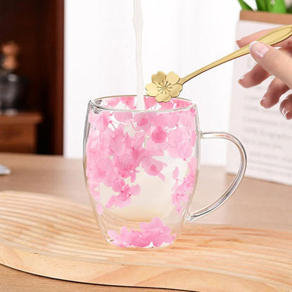 Gifts for Women Dried Flowers Double Wall Glass Coffee Mugs Cute Glass Tea Cups with Handles Autumn Mug Christmas Birthday Gifts for Best Friend Teacher Mum Gifts New Home Gift Ideas Home Decor