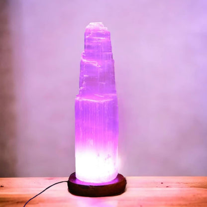 Pure Selenite Crystal Rock USB Mountain Tower LED Lamp Handcrafted Multi-Colour Wooden Base Meditation Healing Energy Mineral Gift Home Decoration Lamp (20Cm)