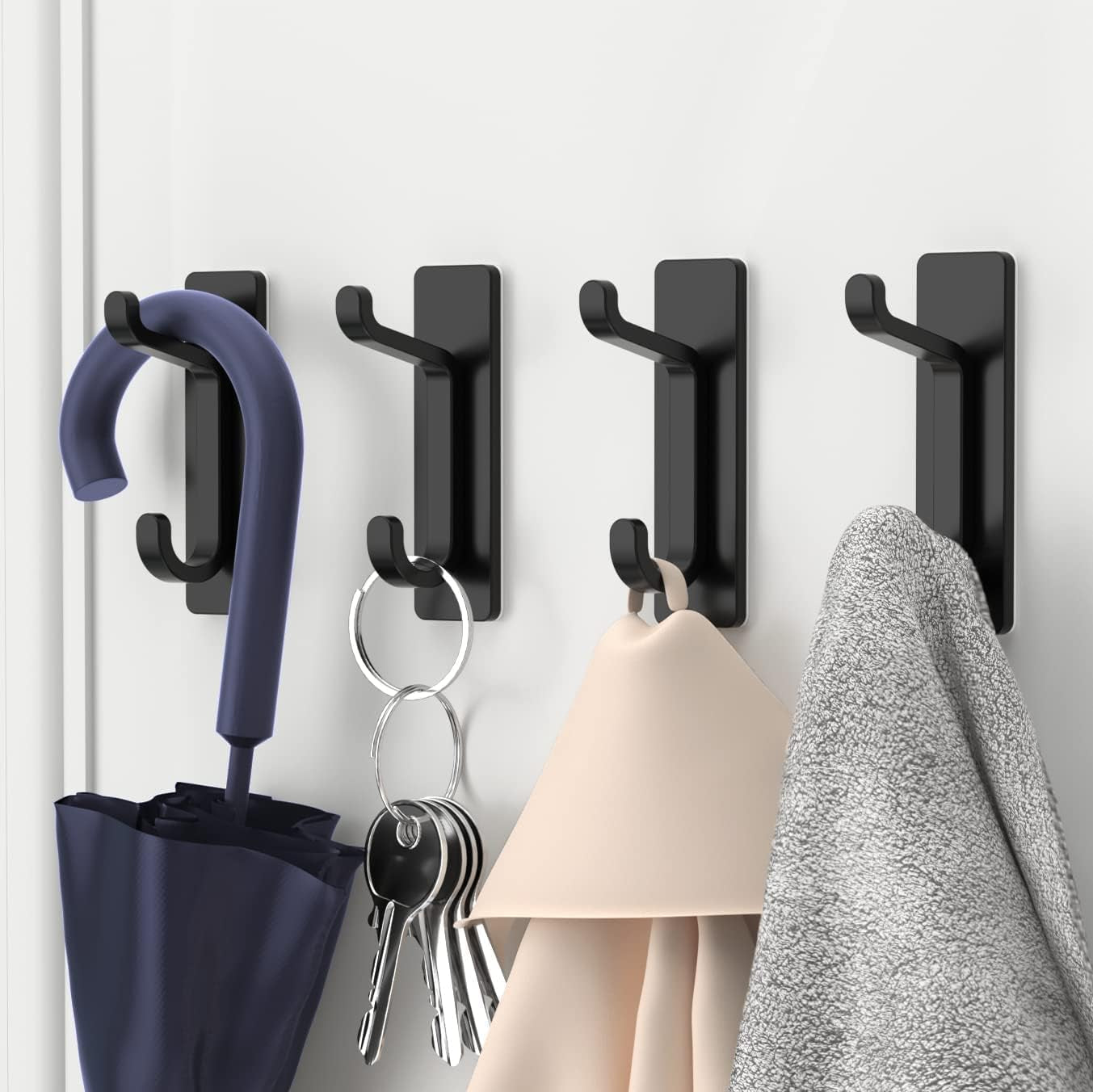 Self Adhesive Hooks, Extra Sticky and Strong, Hanging up to 6KG, Heavy Duty Stick On, No-Nail Hook for Back of Door, Black, 4 Pack