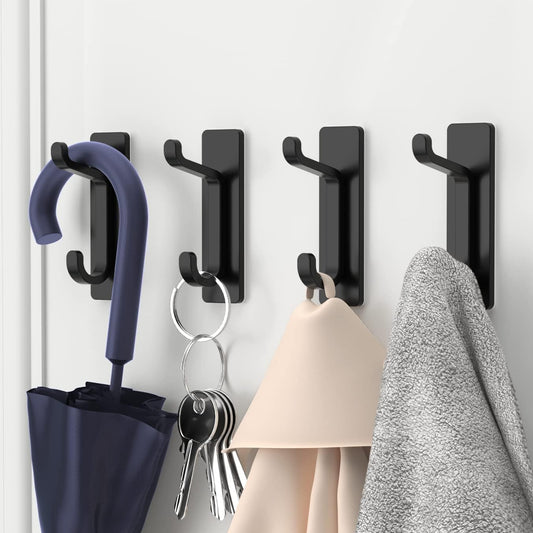 Self Adhesive Hooks, Extra Sticky and Strong, Hanging up to 6KG, Heavy Duty Stick On, No-Nail Hook for Back of Door, Black, 4 Pack