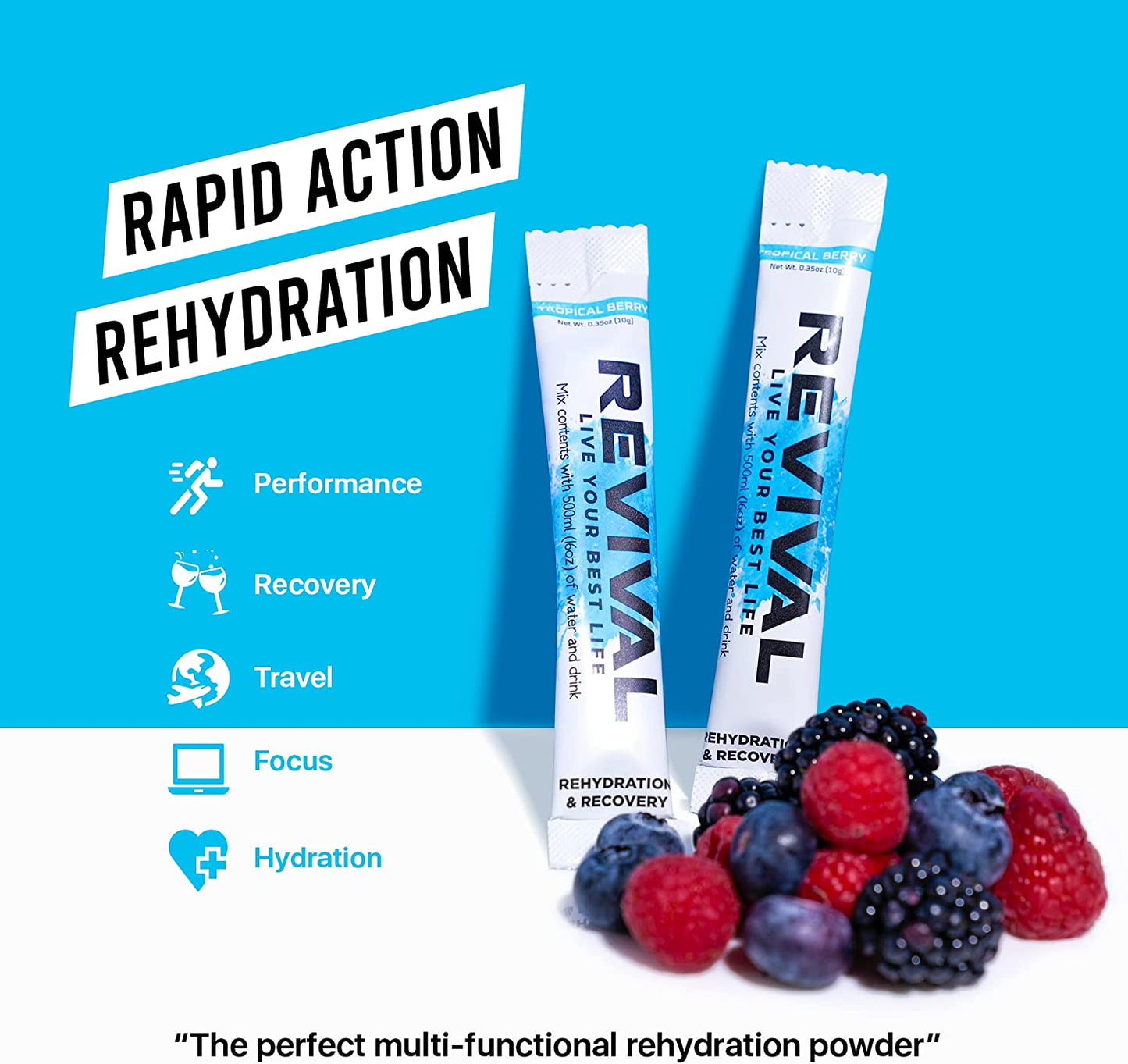 Revival Rapid Rehydration Electrolytes Powder - High Strength Vitamin C, B1, B3, B5, B12 Supplement Sachet Drink, Effervescent Electrolyte Hydration Tablets - 12 Pack Assorted Flavours