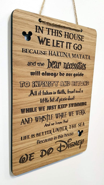 in This House We Do Disney Quote Wall Sign Hanging Rustic Wooden House Shabby Chic Room Plaque Childrens Kids Gift Laser Engraved Hand Made