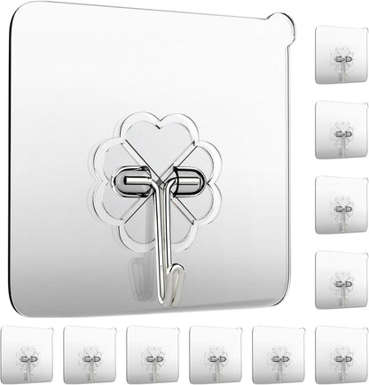 Wall Hooks 15Kg(Max) Heavy Duty Self Adhesive Hooks 10 Pack,Waterproof and Oilproof,Transparent Reusable Seamless Hooks Strong,Suitable for Bathroom Kitchen