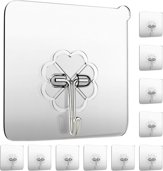 Wall Hooks 15Kg(Max) Heavy Duty Self Adhesive Hooks 10 Pack,Waterproof and Oilproof,Transparent Reusable Seamless Hooks Strong,Suitable for Bathroom Kitchen