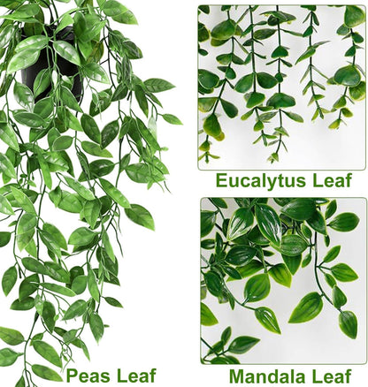 Artificial Plant Eucalyptus - Set of 3 Decorative Artificial Hanging Plants with Pots Fake Ivy Vines Greenery Faux Trailing Plants for Home Garden Office Shelf Wall Decoration