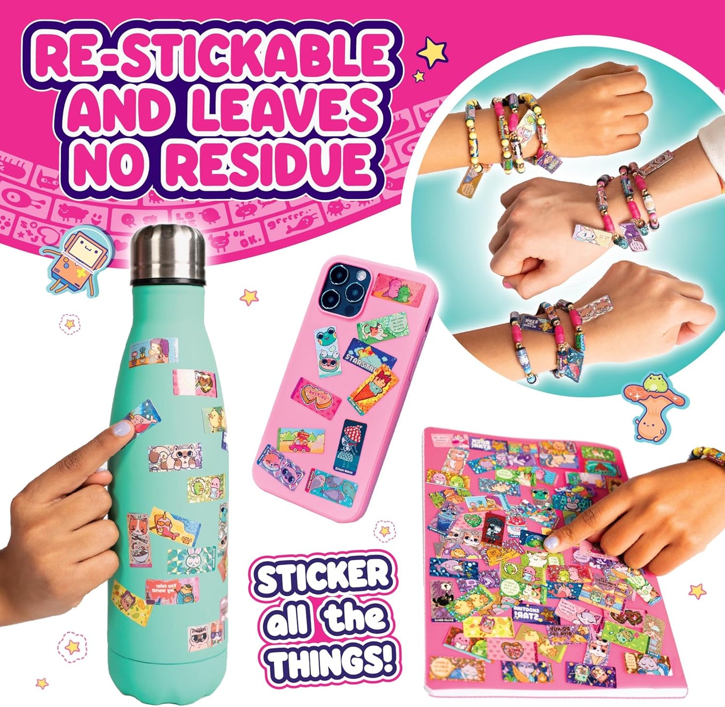 Sticki Rolls Sticki Book, Wearable & Shareable Sticker Bracelet, 120 Mini Stickers, Bracelet and Sticki Book, Assorted Colours and Styles, Packaging May Vary