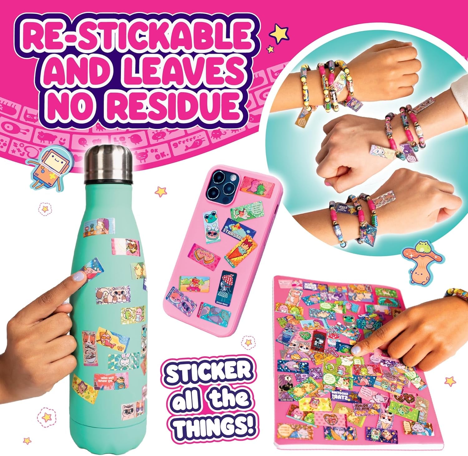 Sticki Rolls Sticki Book, Wearable & Shareable Sticker Bracelet, 120 Mini Stickers, Bracelet and Sticki Book, Assorted Colours and Styles, Packaging May Vary