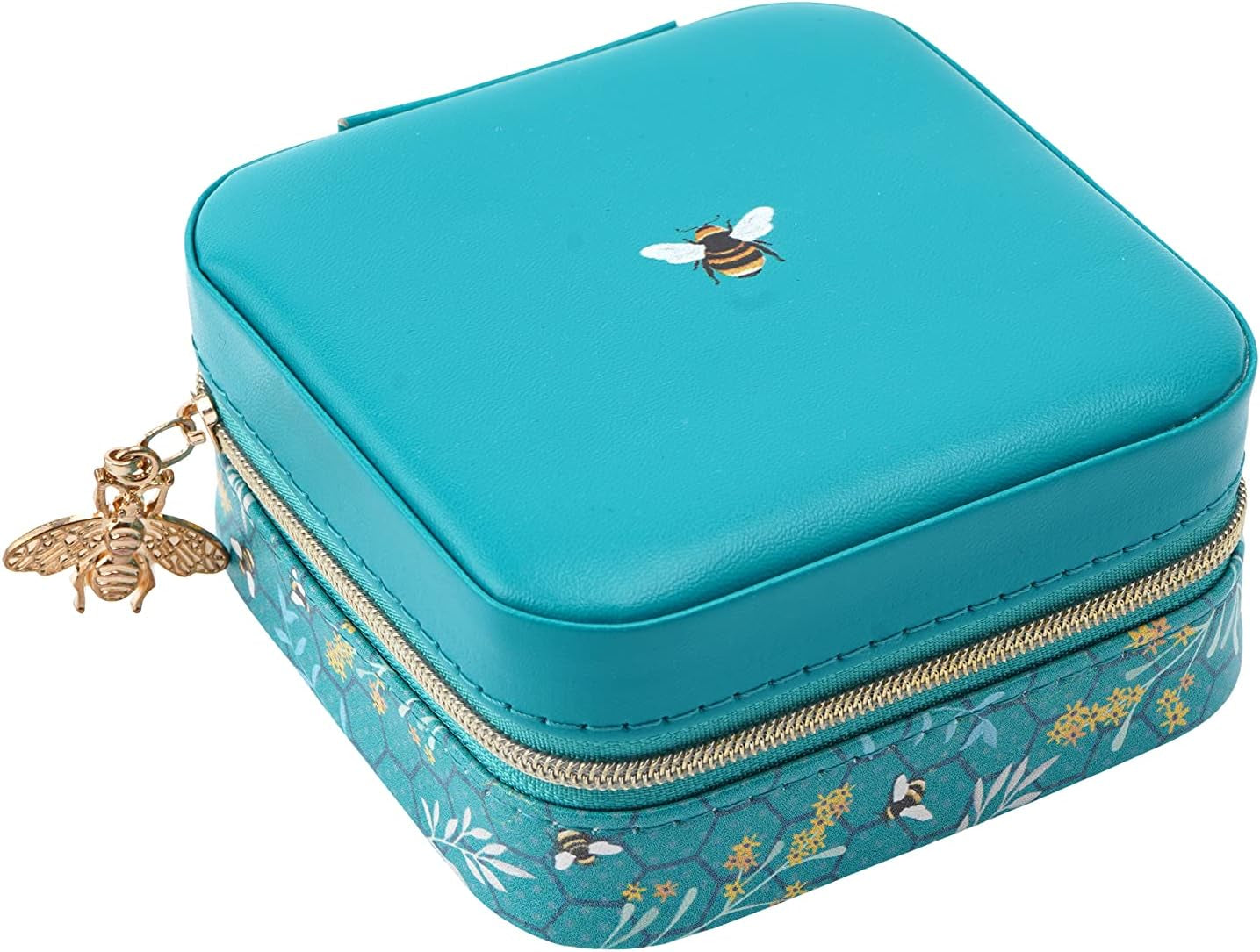 Square Travel Jewellery Box Case | Bee Design | Teal | Ladies Accessory | Organiser | Gift for Her | the Beekeeper GB06969