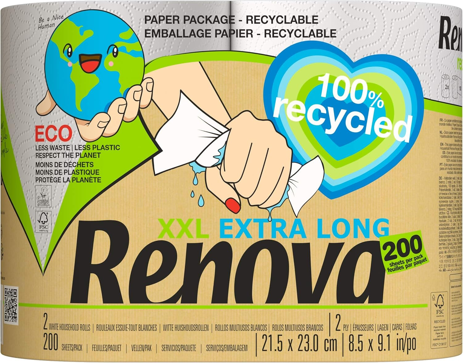 Recycled Kitchen Rolls | 2 Recycled Rolls Wrapped in Paper, Equivalent to 5 Standard Rolls | Plastic Free | FSC® and Ecolabel Certified