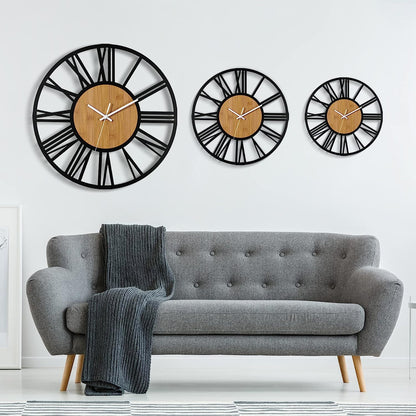 Large Wall Clocks,Silent,Non Ticking,Battery Operated Rustic round Modern Big Wood Wall Clock for Living Room, Bedroom,Kitchen,Farmhouse,Office,Home Decor-16In(40Cm, Black,Roman Numeral)