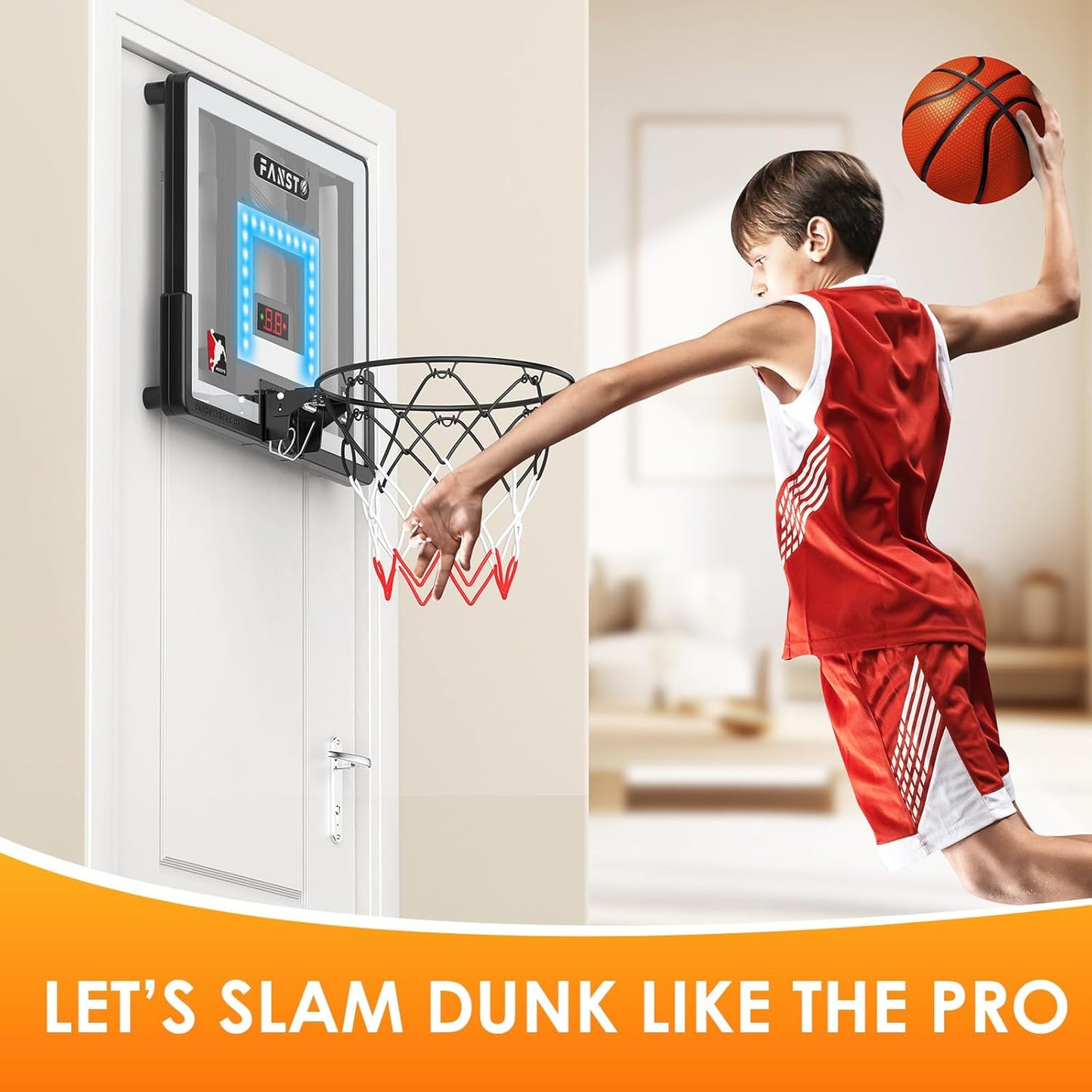 Indoor Basketball Hoop for Kids, over the Door Basketball Hoop with LED Cheering, Anti-Impact, 2 Game Mode& Mute Mode, Mini Door Room Basketball Toy Gift with 4 Ball for 5 6 7 8 9 10 11 12 Old Boys