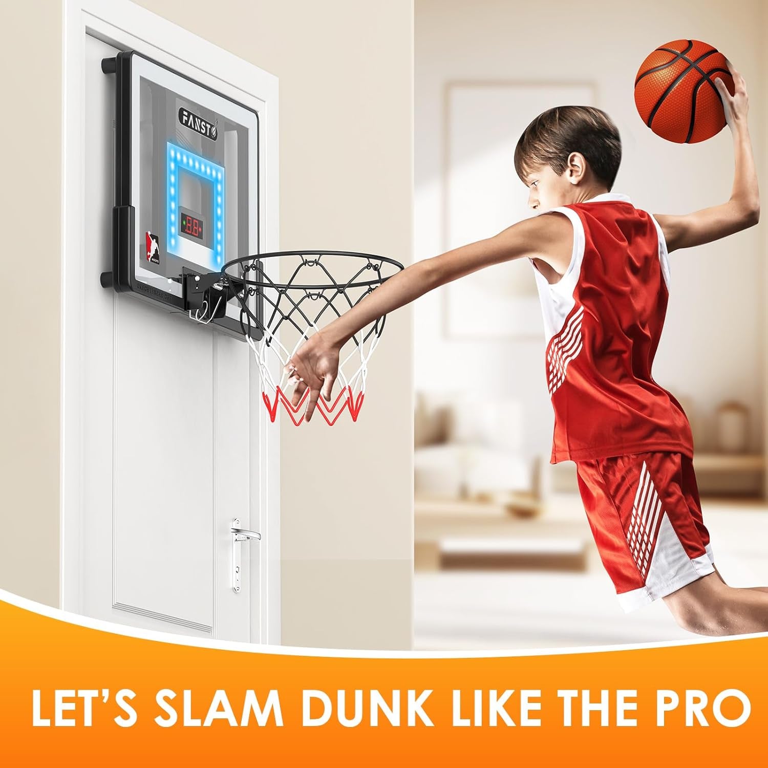 Indoor Basketball Hoop for Kids, over the Door Basketball Hoop with LED Cheering, Anti-Impact, 2 Game Mode& Mute Mode, Mini Door Room Basketball Toy Gift with 4 Ball for 5 6 7 8 9 10 11 12 Old Boys