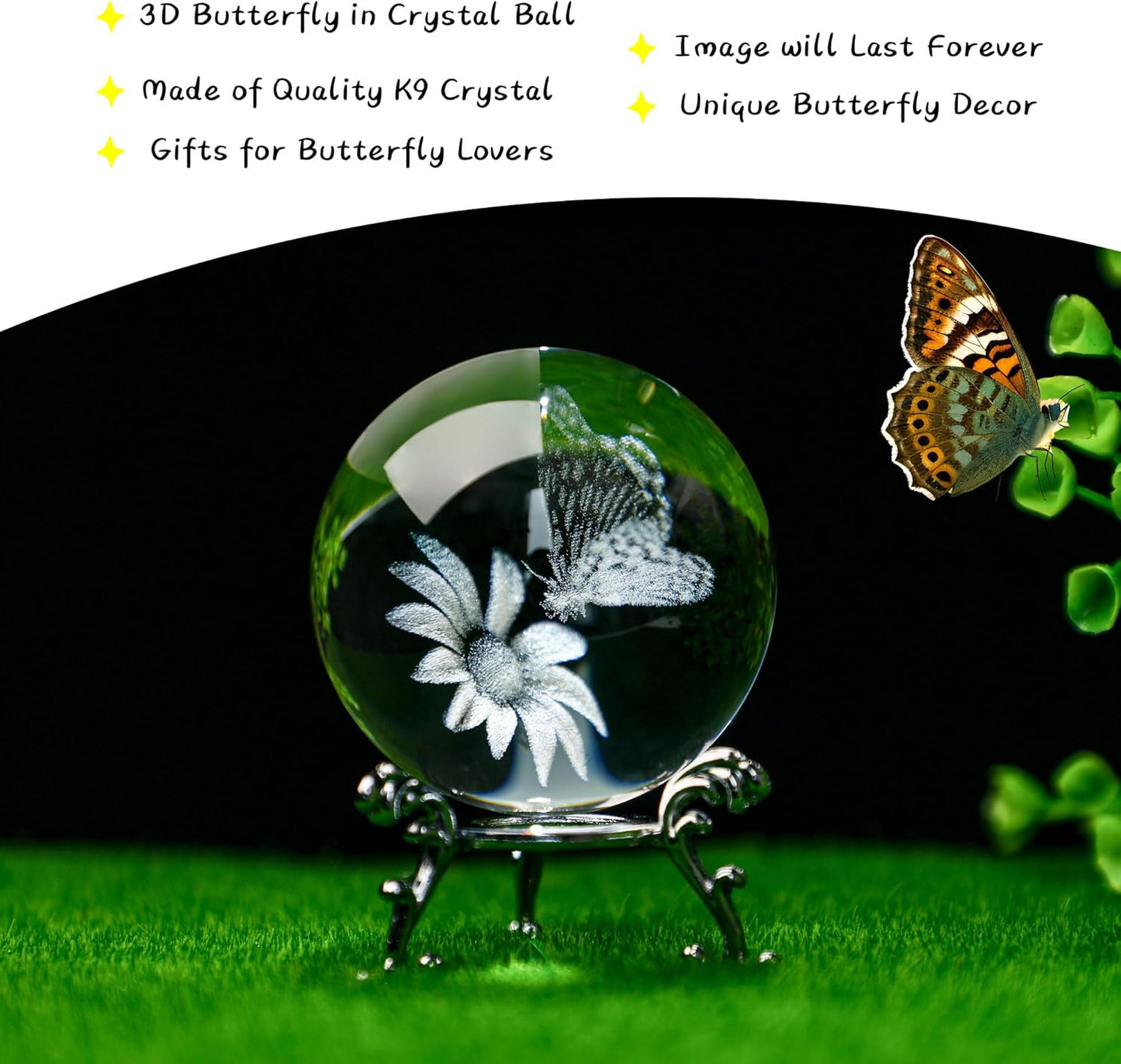 60Mm Butterfly Crystal Ball Paperweight,3D Laser Engraved Butterfly on Sunflower in Glass Ball with Stand Decorative Butterfly Glass Sphere Home Decor Gifts for Women Girls